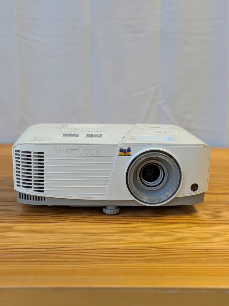 White ViewSonic projector available for rental in Greater Vancouver, shown from the front-side angle