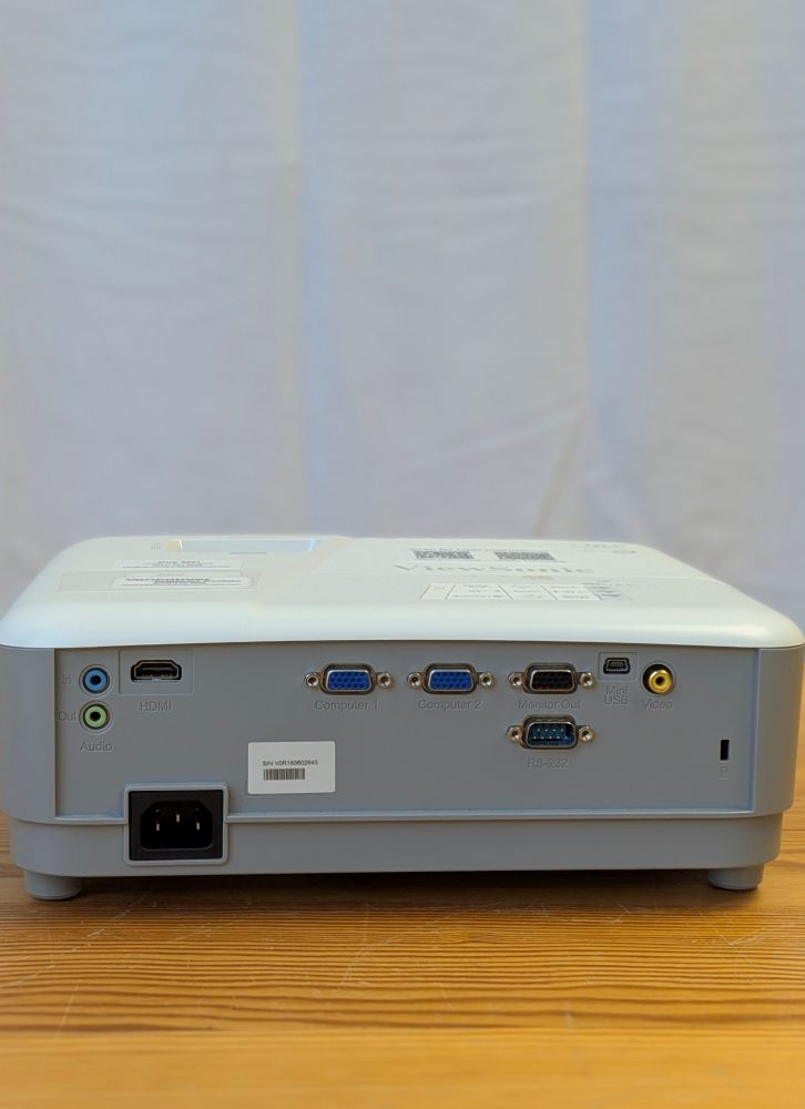 Rear panel of a ViewSonic projector rental showing HDMI, VGA, audio, and power connections