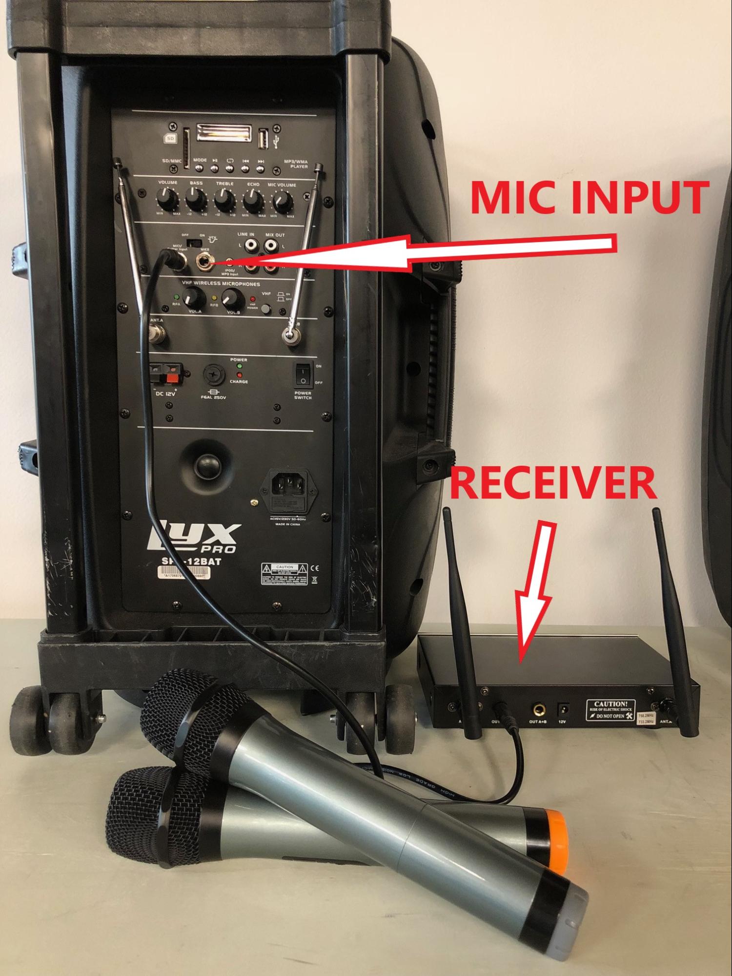 Back - mic receiver connected to big speaker