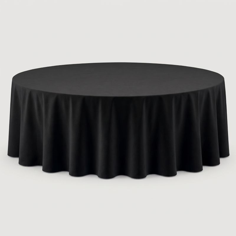 60 inches Round Table Black Cover Rent 60-inch round table rental with a full-length black fabric tablecloth cover, shown against a grey background