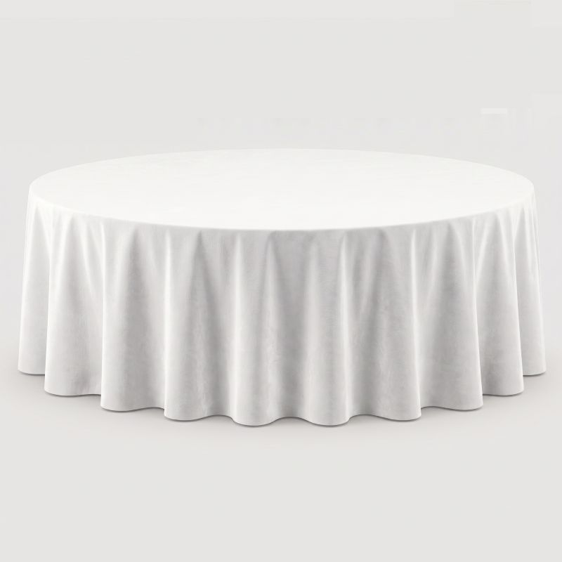 60-inch round table rental with a full-length white fabric tablecloth cover, shown against a white background
