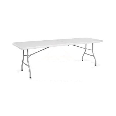 Plastic folding table with gray metal legs on white background