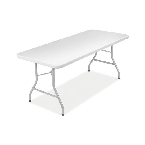 White 8-foot rectangular folding table with gray metal legs