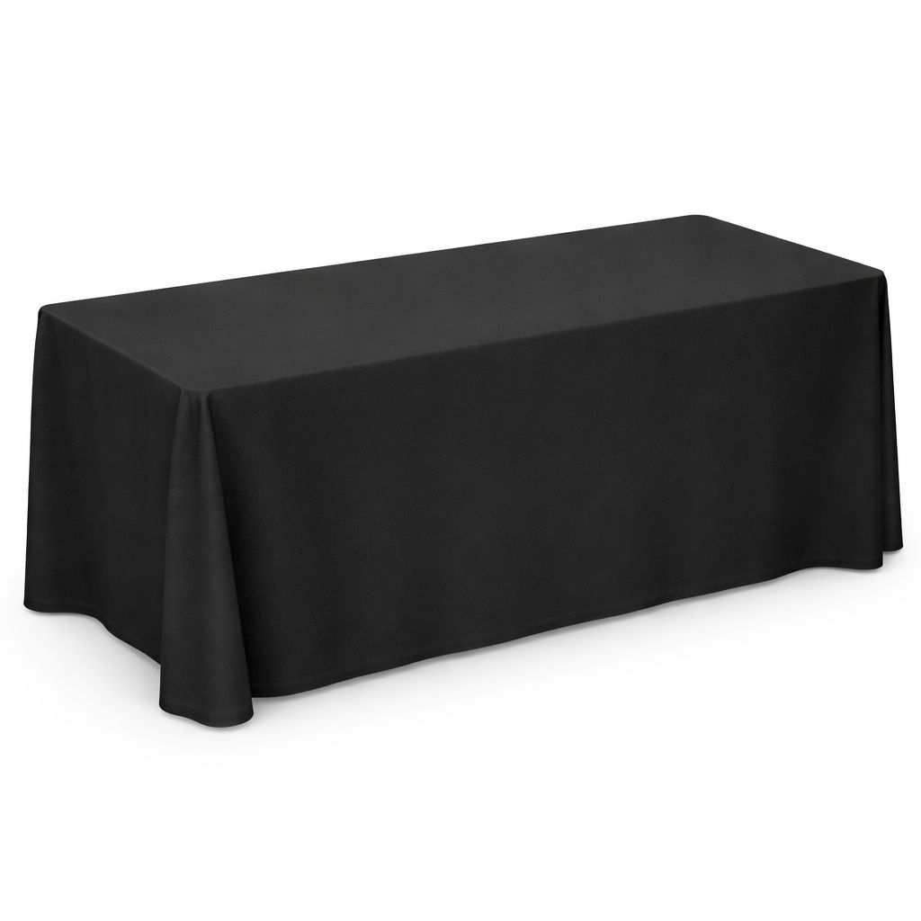 Black-6ft-Rectangular-Tablecloth-Rent Black full-length tablecloth draped over a 6ft rectangular table