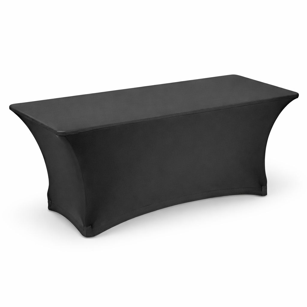 Black-6ft-Spandex-Fitted-Table-Cover-Rental Form-fitting black stretch table cover with tailored corners
