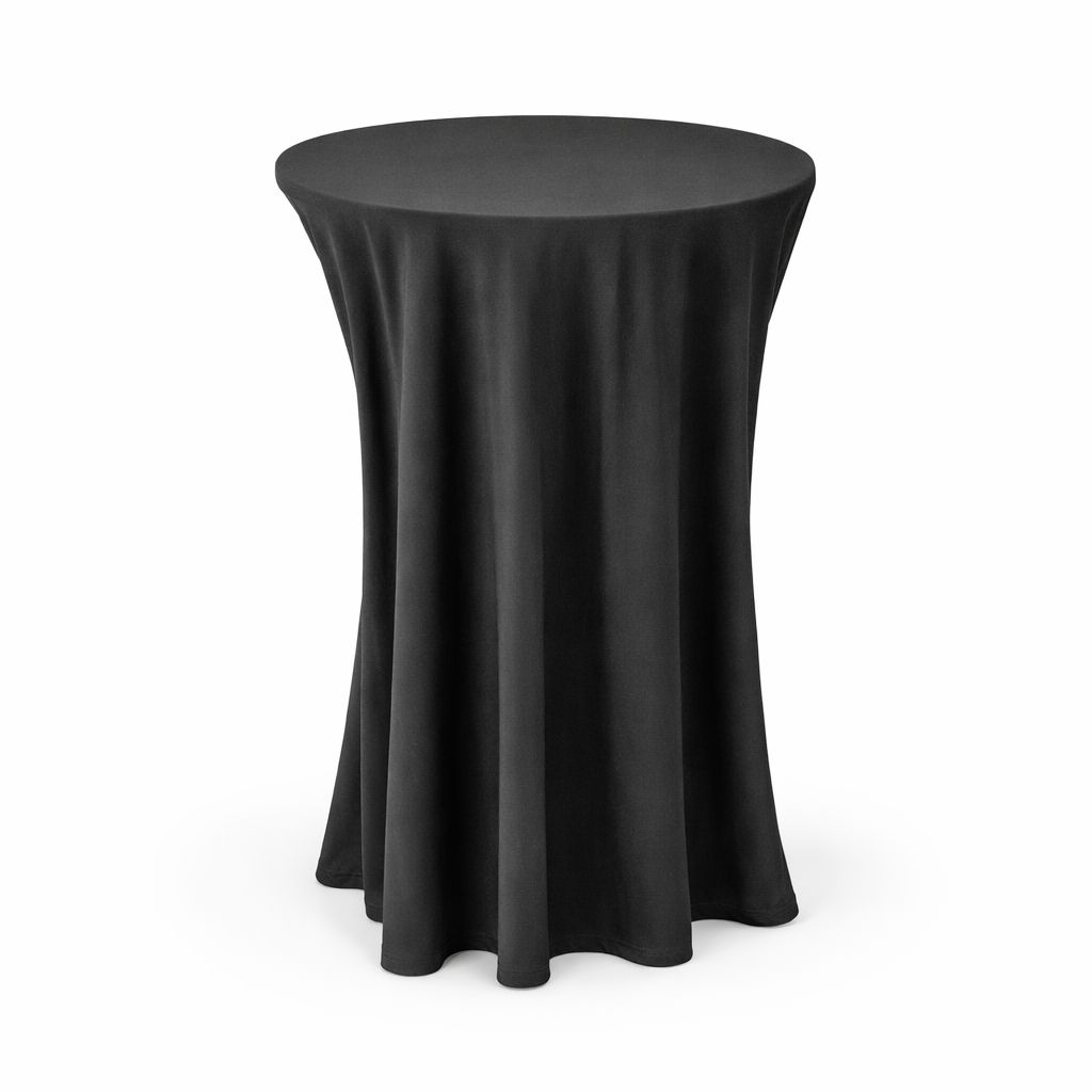 Black-Full-Length-Cocktail-Table-Cover-Rent-in-Vancouver Black full-length cocktail table cover rental with soft fabric draping from top to floor against a white background