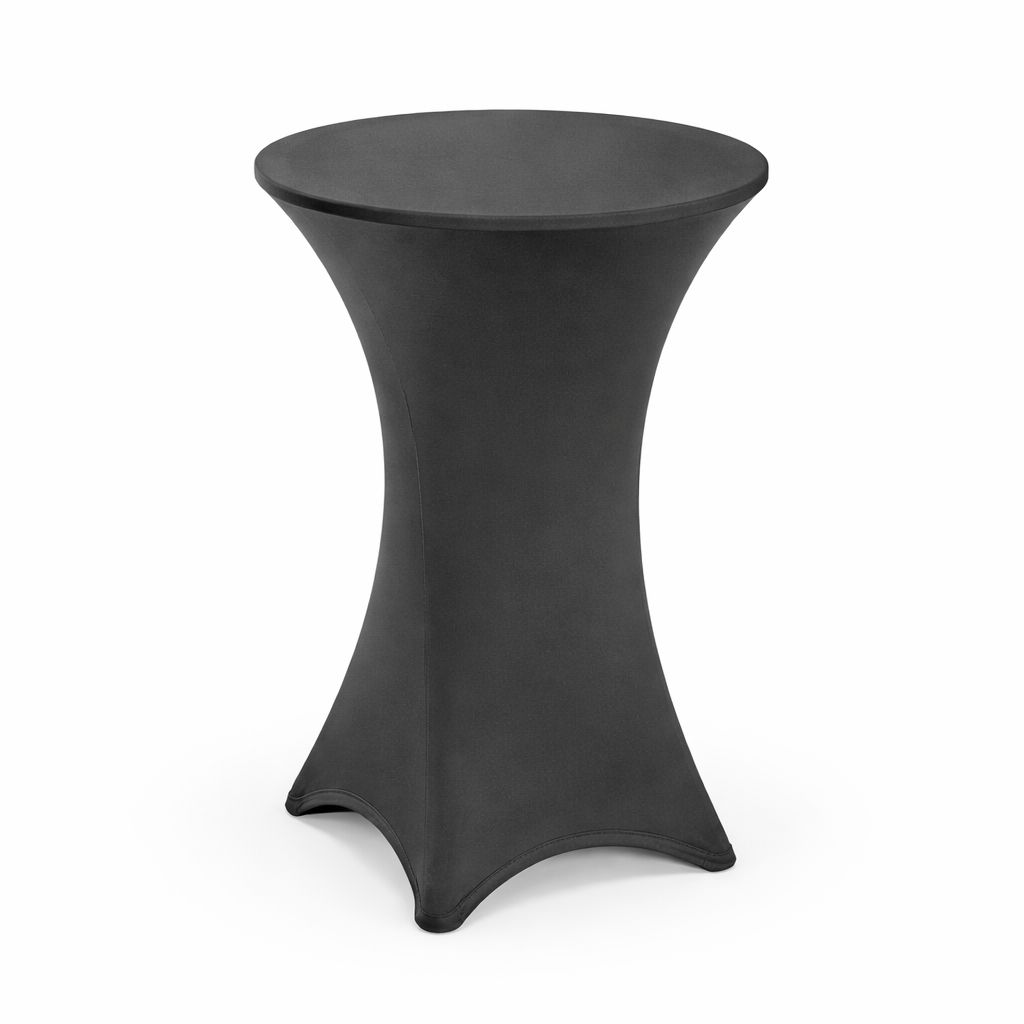 Black-Spandex-Fitted-Cocktail-Table-Cover-Rent-in-Vancouver Cocktail table rental with a fitted black spandex stretch cover, shown against a white background
