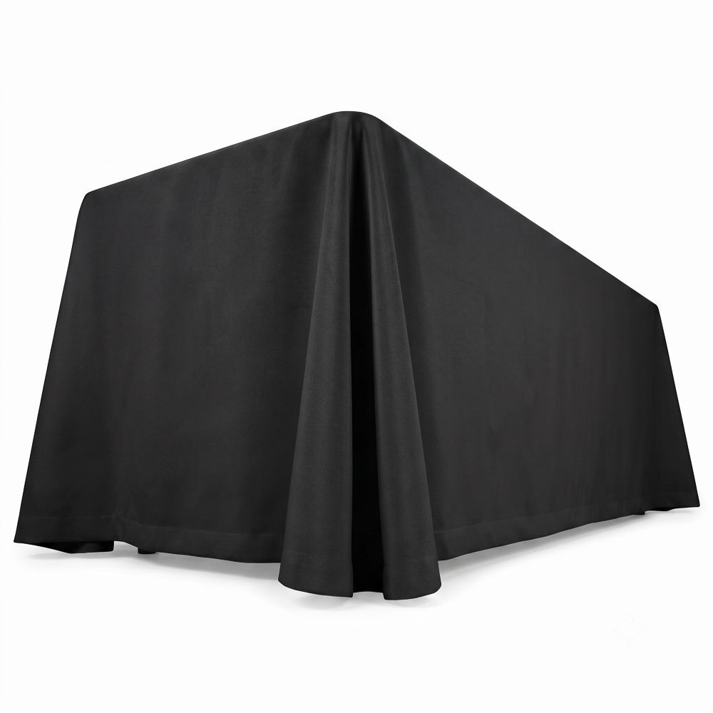 Black Tablecloth Rental Draped Corner View Full-drop black linen table cover showing fabric folds and drape