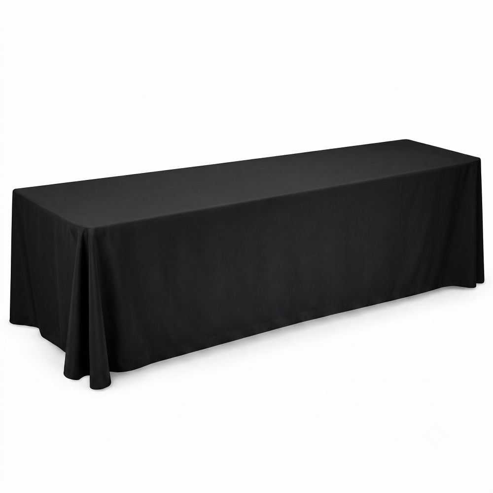 Black Tablecloth Rental Straight-On Full Length Black 8-foot rectangular tablecloth shown in full length, front-facing view