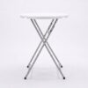 Folding Cocktail Table Side Angle White round cocktail table shown from a slight side angle