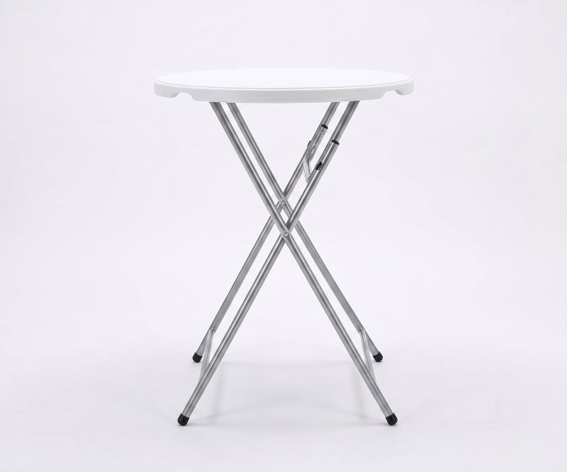 Folding Cocktail Table Side Angle White round cocktail table shown from a slight side angle