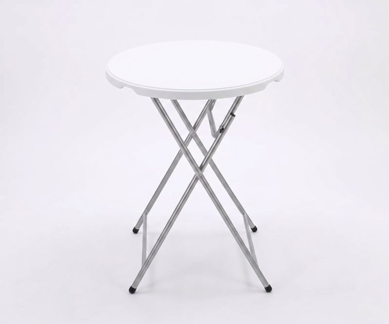 Folding High-Top Cocktail Table Rental White round cocktail table shown at full bar height