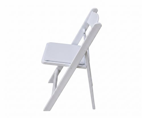 Padded White Folding Chair Rental White resin folding chair with padded seat with side profile view
