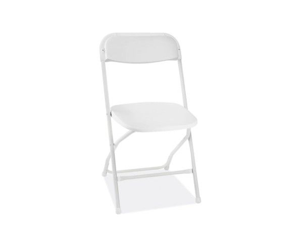 Durable white plastic folding chair with steel frame for event, wedding, and corporate meeting rentals in Vancouver