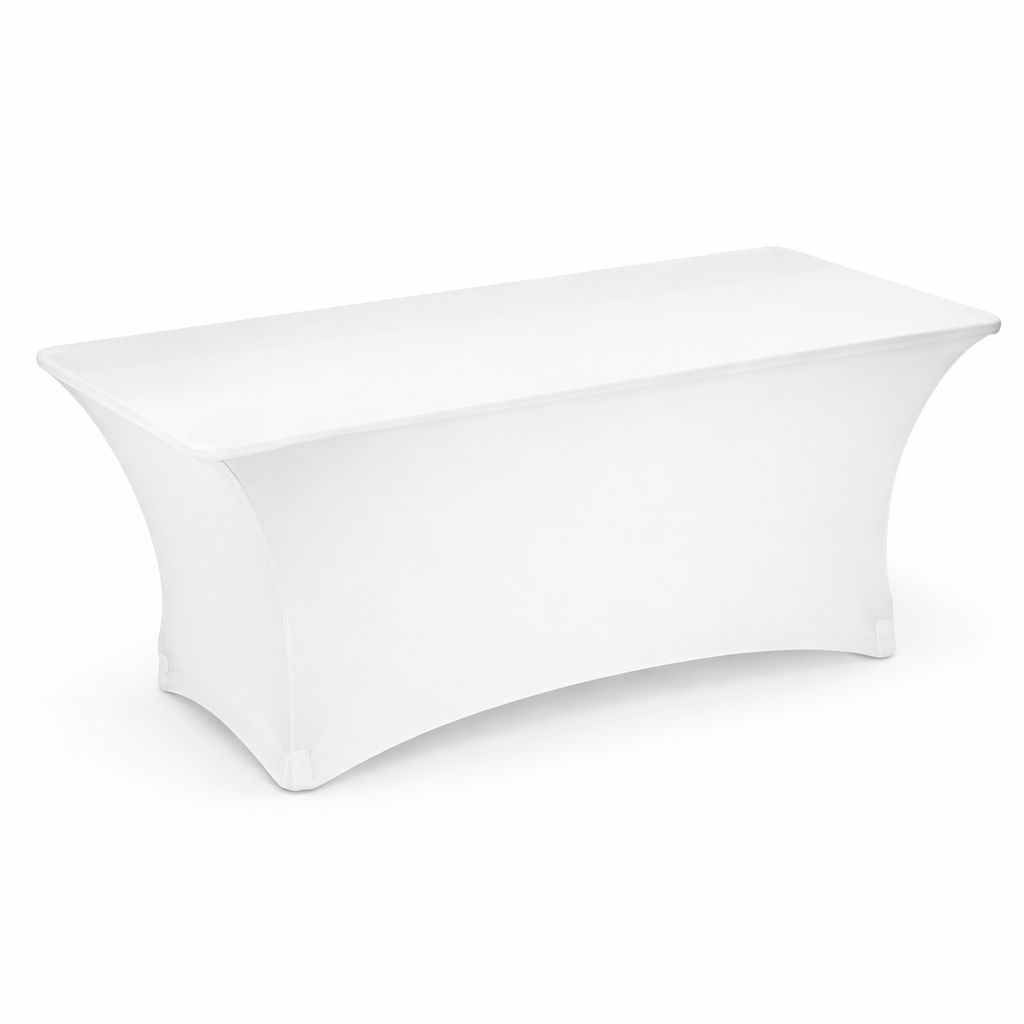 Stretch-White-Table-Cover-For- Rental White spandex fitted table cover stretched over a 6ft rectangular table