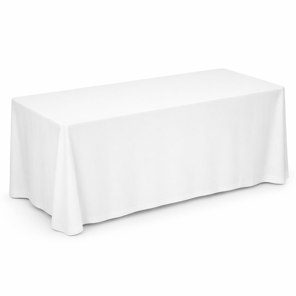 White full-length tablecloth draped over a 6ft rectangular table