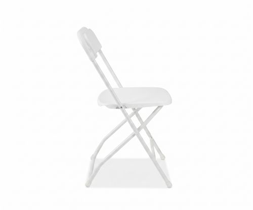 White-Folding-Chair-Rent-Side-View Side profile of a white plastic folding chair with white metal frame available for event rental in Vancouver