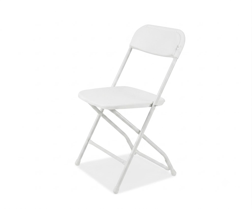 White Folding Chair Rental Angle View Clean white folding chair rental with straight metal legs shown from a direct front angle against a white background