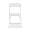 White Folding Chair Rental Front View Angled front view of a white plastic folding chair with white metal frame available for event and wedding rental in Vancouver