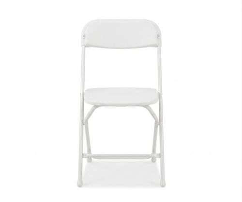 White Folding Chair Rental Front View Angled front view of a white plastic folding chair with white metal frame available for event and wedding rental in Vancouver