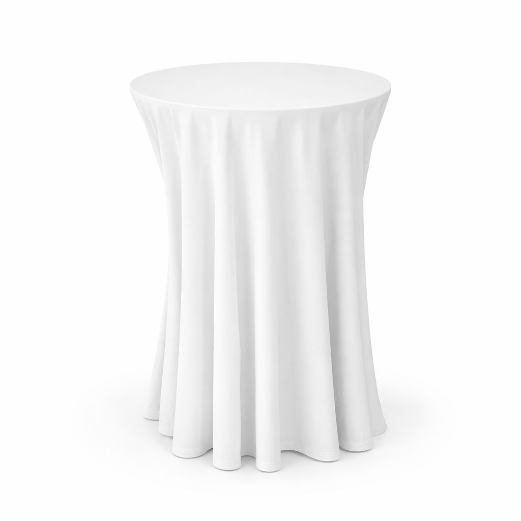 White full-length cocktail table cover rental with soft fabric draping from top to floor against a white background
