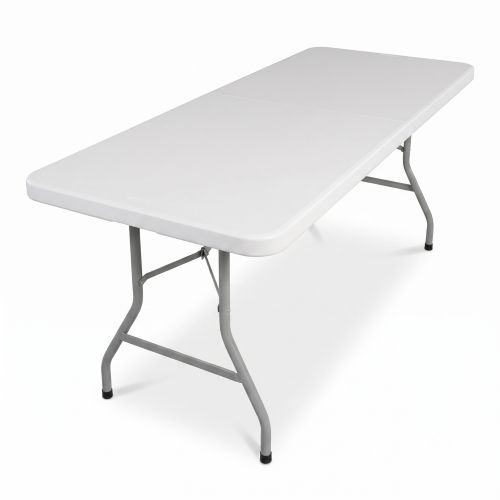 White Rectangular Folding Table Angled View White rectangular folding table with gray metal legs angled view