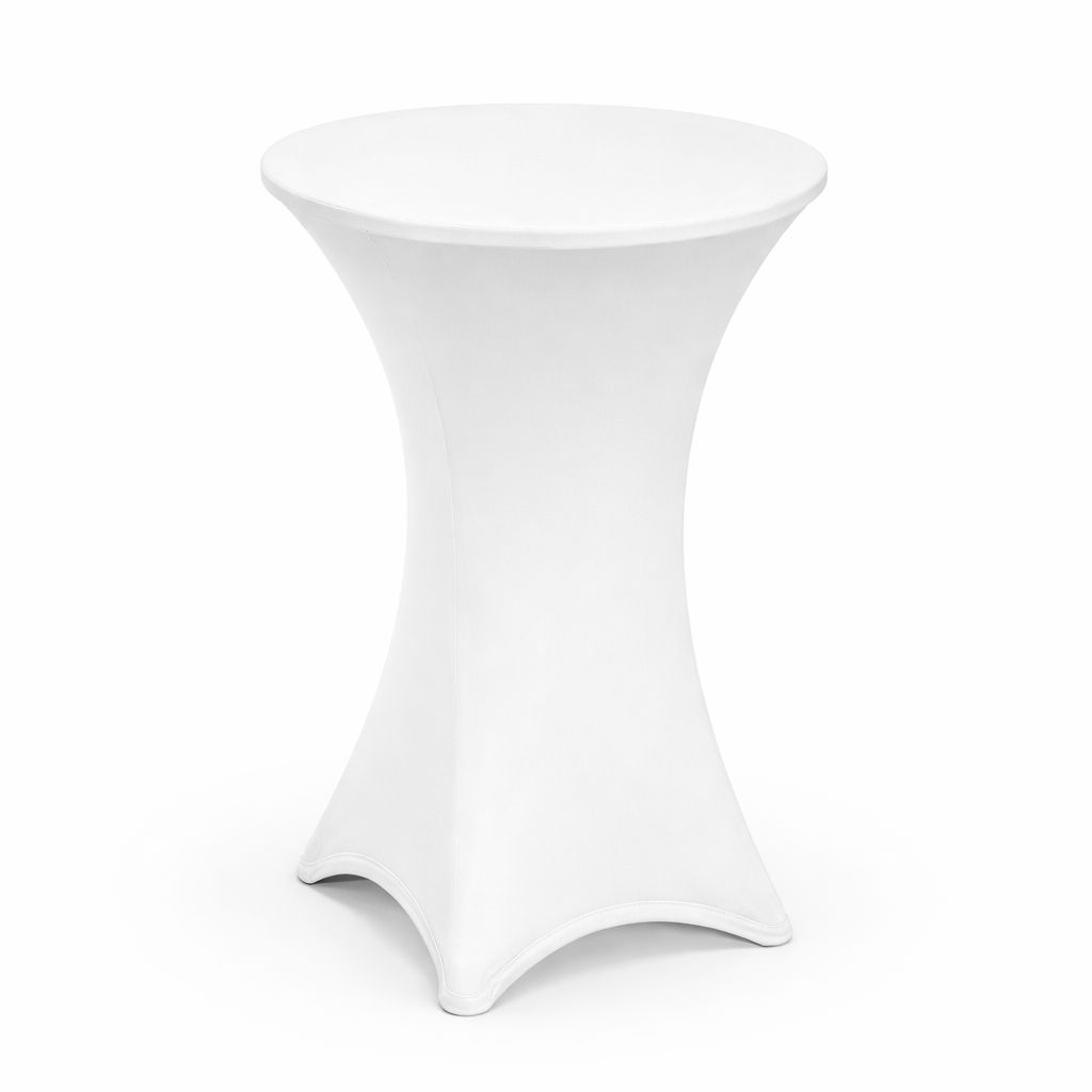 White-Spandex-Fitted-Cocktail-Table-Cover-Rent-in-Vancouver Cocktail table rental with a fitted white spandex stretch cover, shown against a white background
