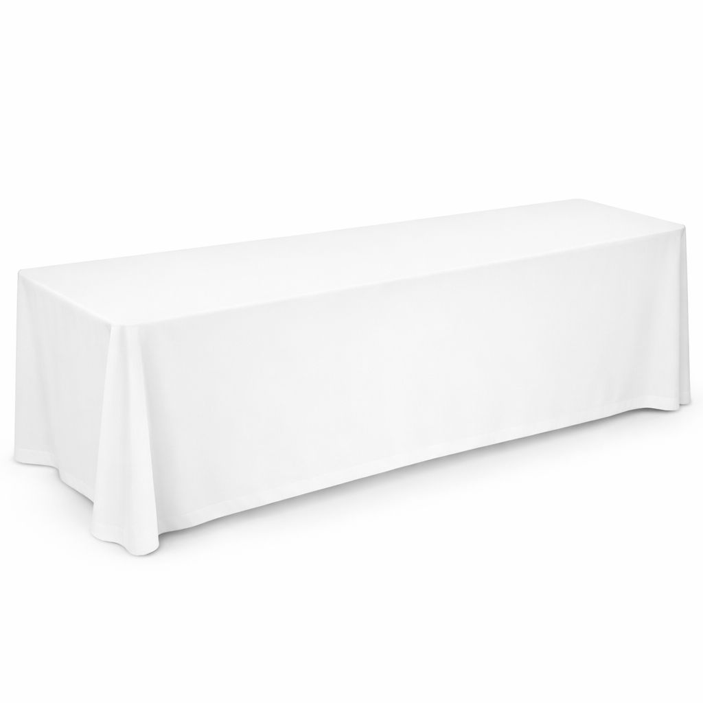 White 8-foot rectangular tablecloth shown in full length, front-facing view