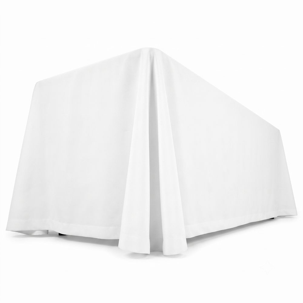 White Tablecloth Rental Draped Corner View Full-drop white linen table cover showing fabric folds and drape
