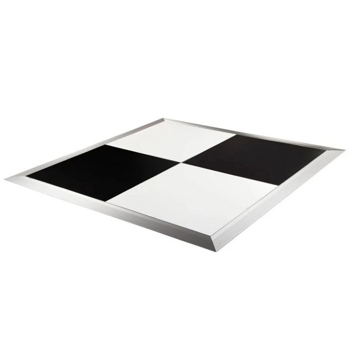 Square 4-panel checkerboard event dance floor featuring silver safety edging