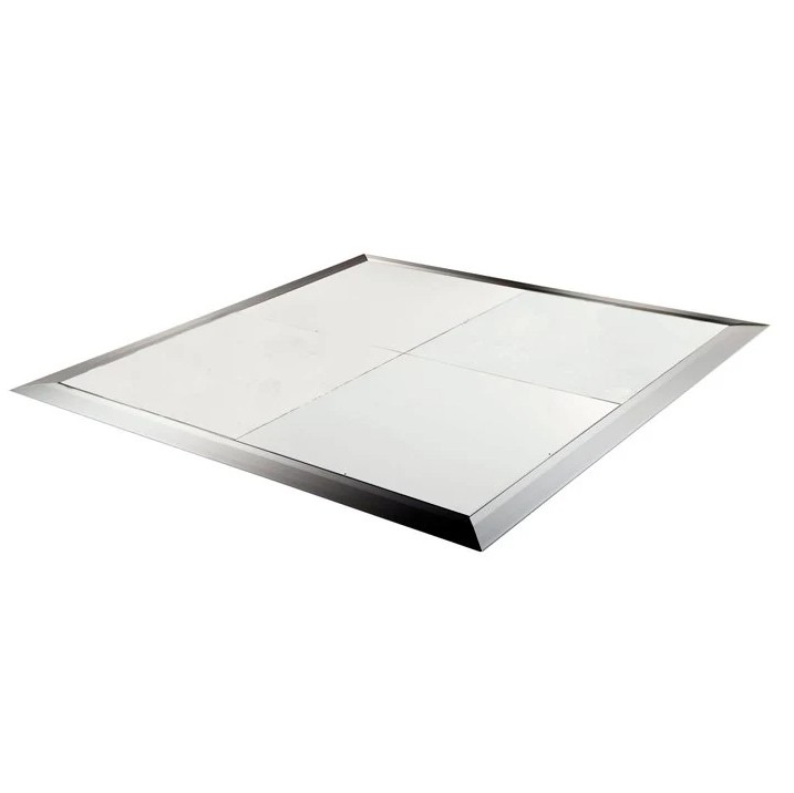 Square 4-panel solid white event dance floor featuring silver safety edging