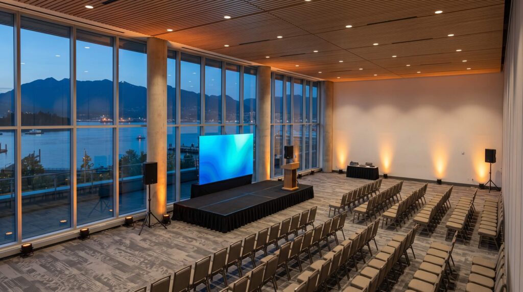 Conference stage with a 10 by 6 foot LED video wall, a presenter stage, a podium and speakers