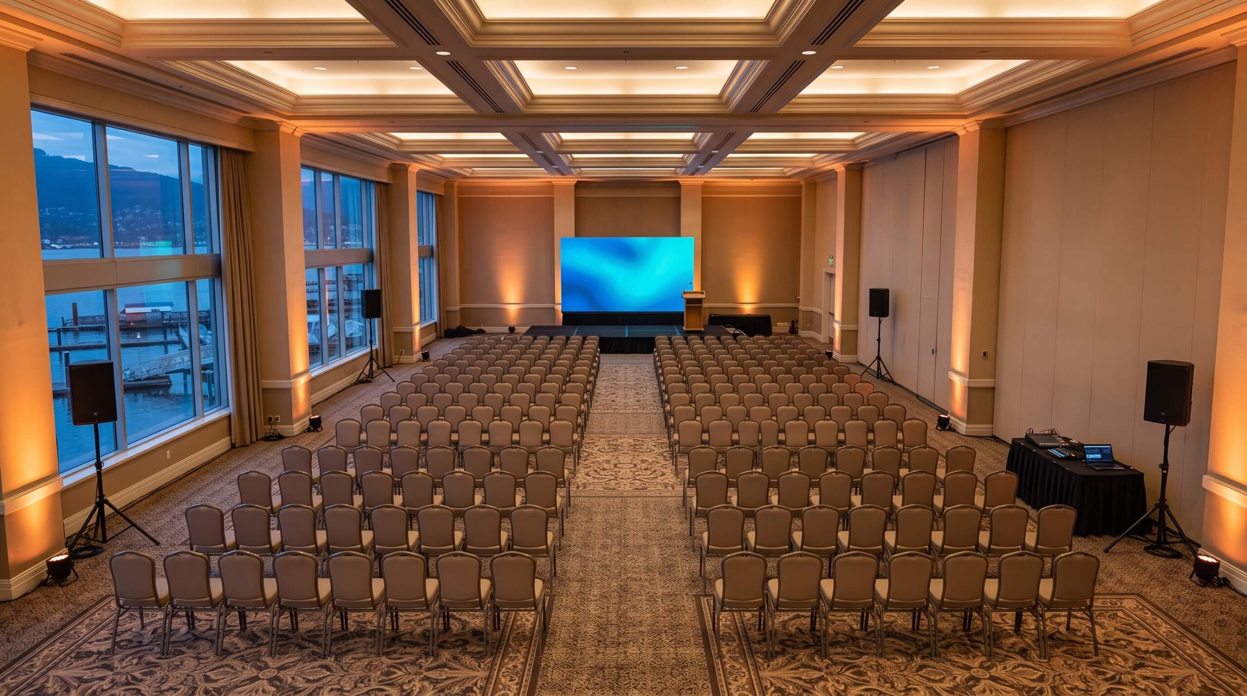 LED-wall-summit-package Summit stage with a 16 by 9 foot LED wall, stage stairs and JBL speakers in a large hall