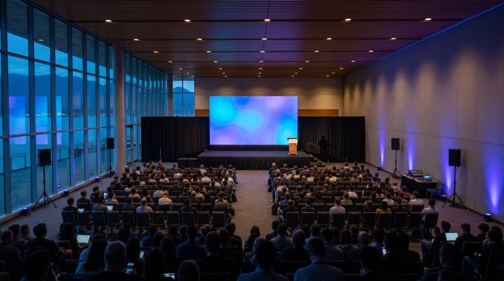 Large summit hall with a 20 by 11 foot LED wall on a 24 by 16 foot stage, subwoofers, drape and stage lighting