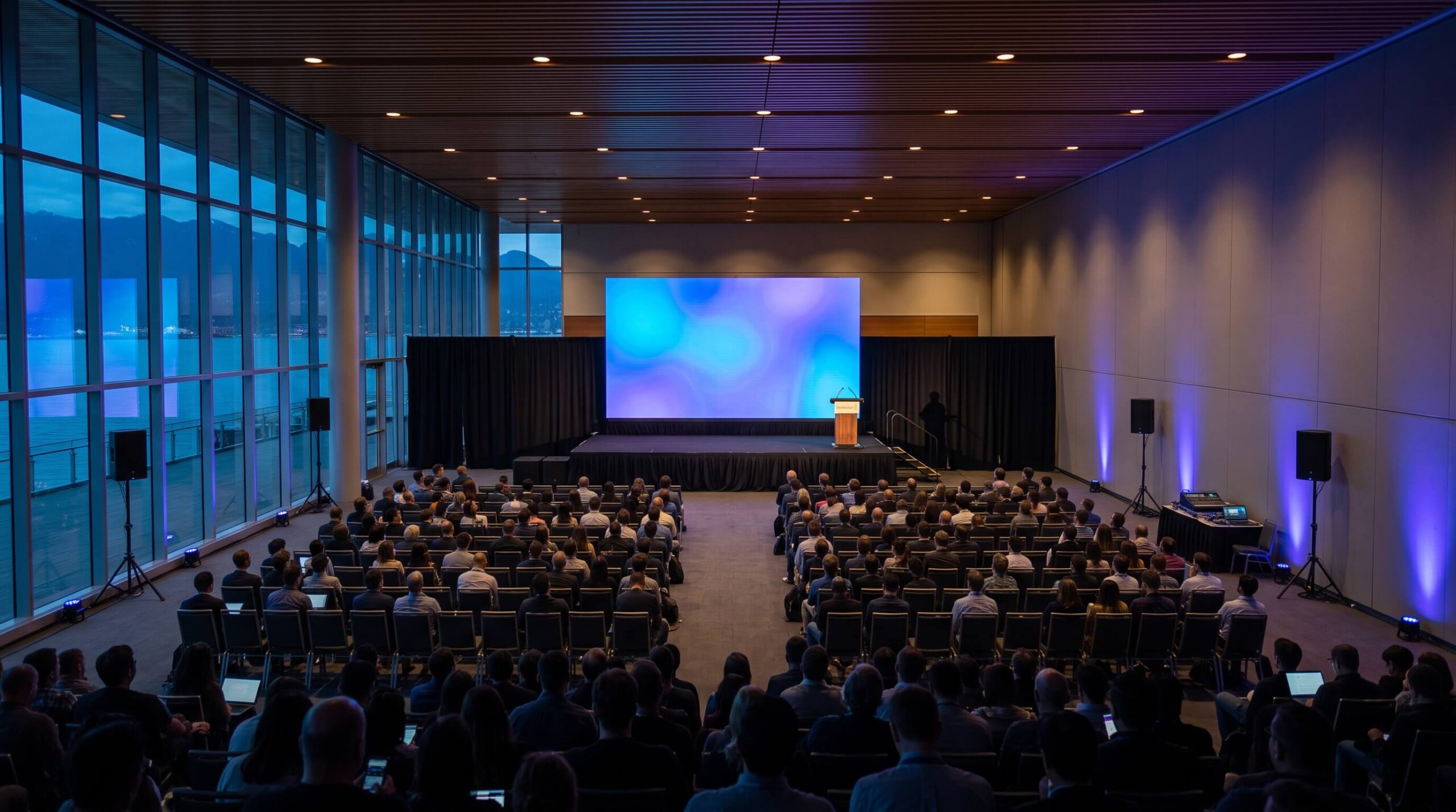 grand-summit-package Large summit hall with a 20 by 11 foot LED wall on a 24 by 16 foot stage, subwoofers, drape and stage lighting