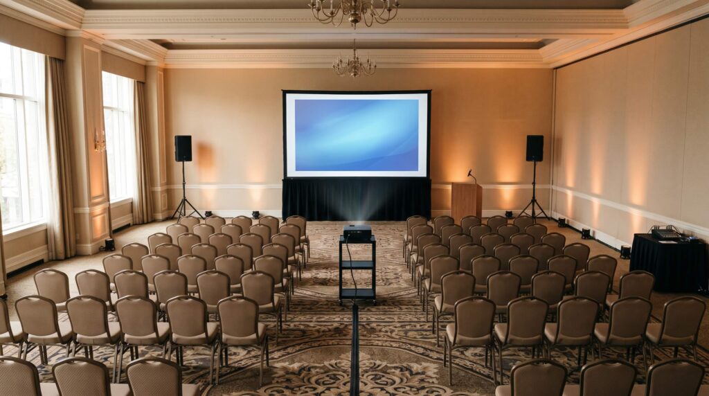 podium with a gooseneck mic in front of a large FastFold screen at a conference
