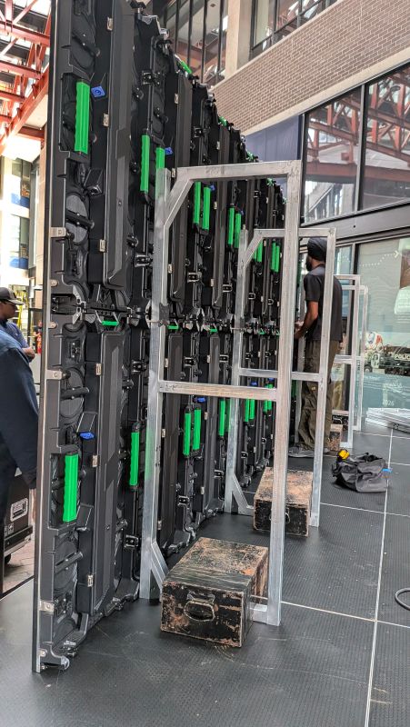 Rear view of the LED wall's ground support frame and cabling